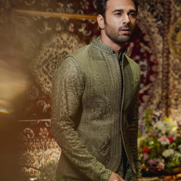 Mehendi Green Silk Zardosi Kurta Jacket Set